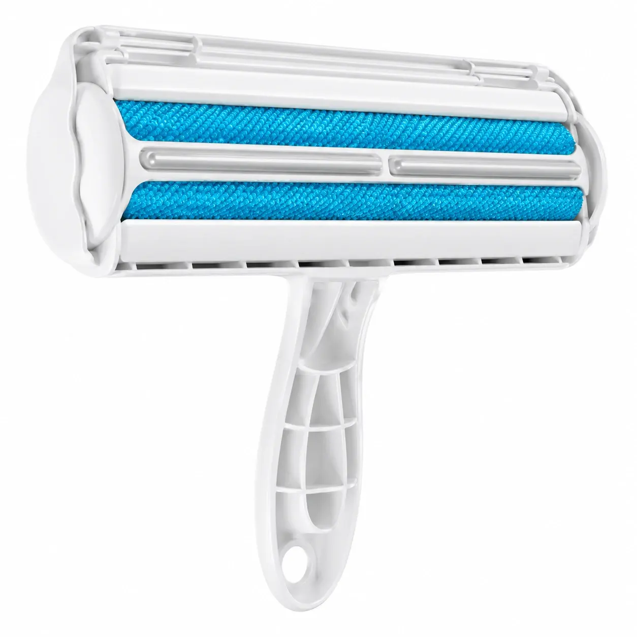 Tierhaarentferner mit weissem Griff und blauen Gewebestreifen, freigestellt auf weissem Hintergrund.