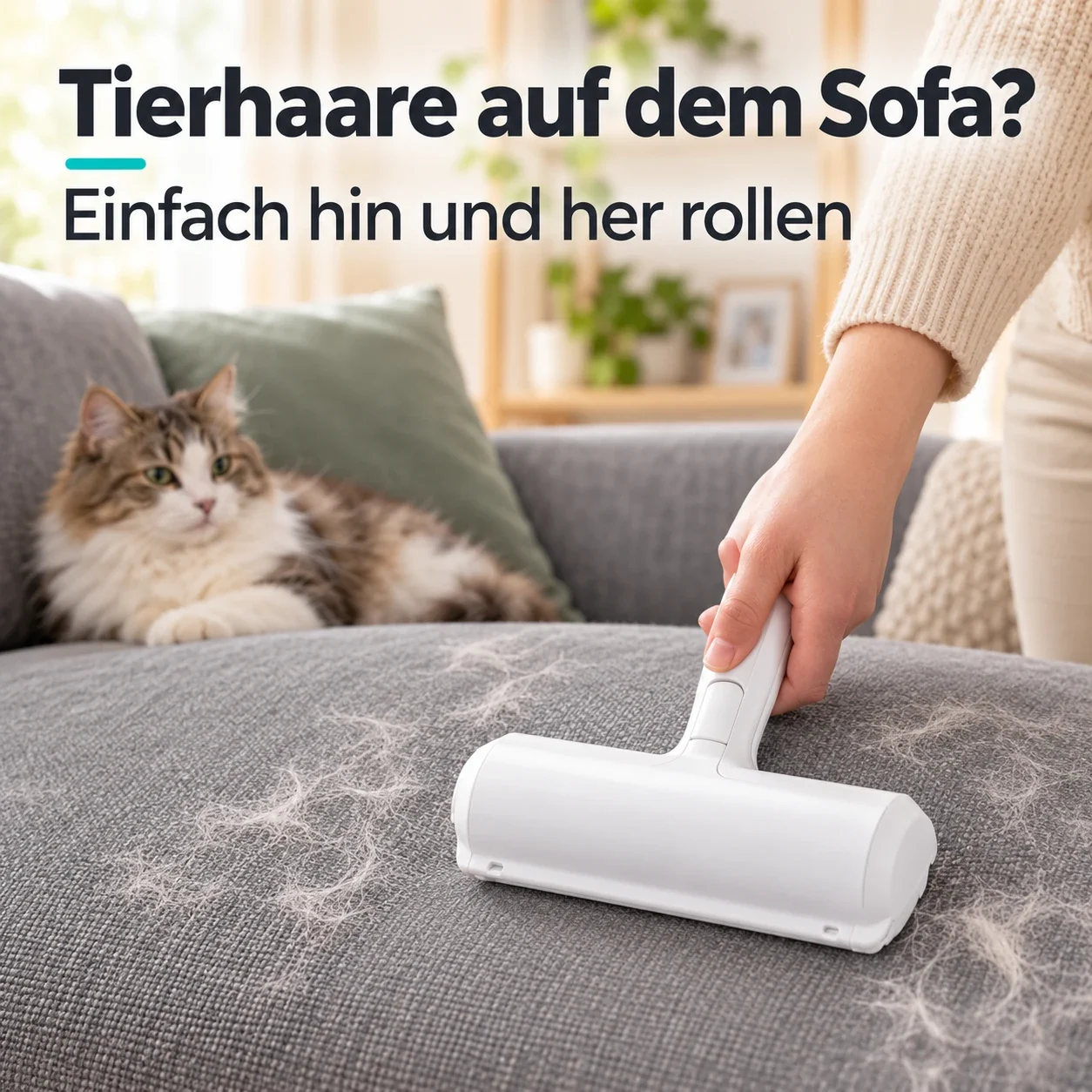 Eine Hand rollt den weissen Tierhaarentferner über einen grauen Sofabezug mit Tierhaaren, im Hintergrund liegt eine Katze. Überschrift im Bild: „Tierhaare auf dem Sofa? Einfach hin und her rollen“.