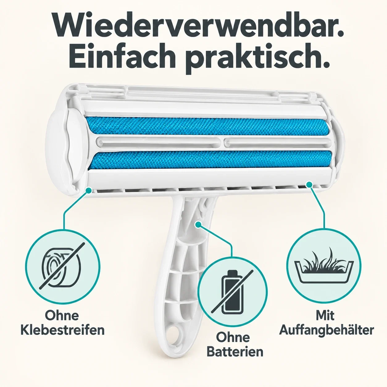 Übersichtsgrafik: Tierhaarentferner mit blauen Gewebestreifen und drei Hinweisen – ohne Klebestreifen, ohne Batterien, mit Auffangbehälter.