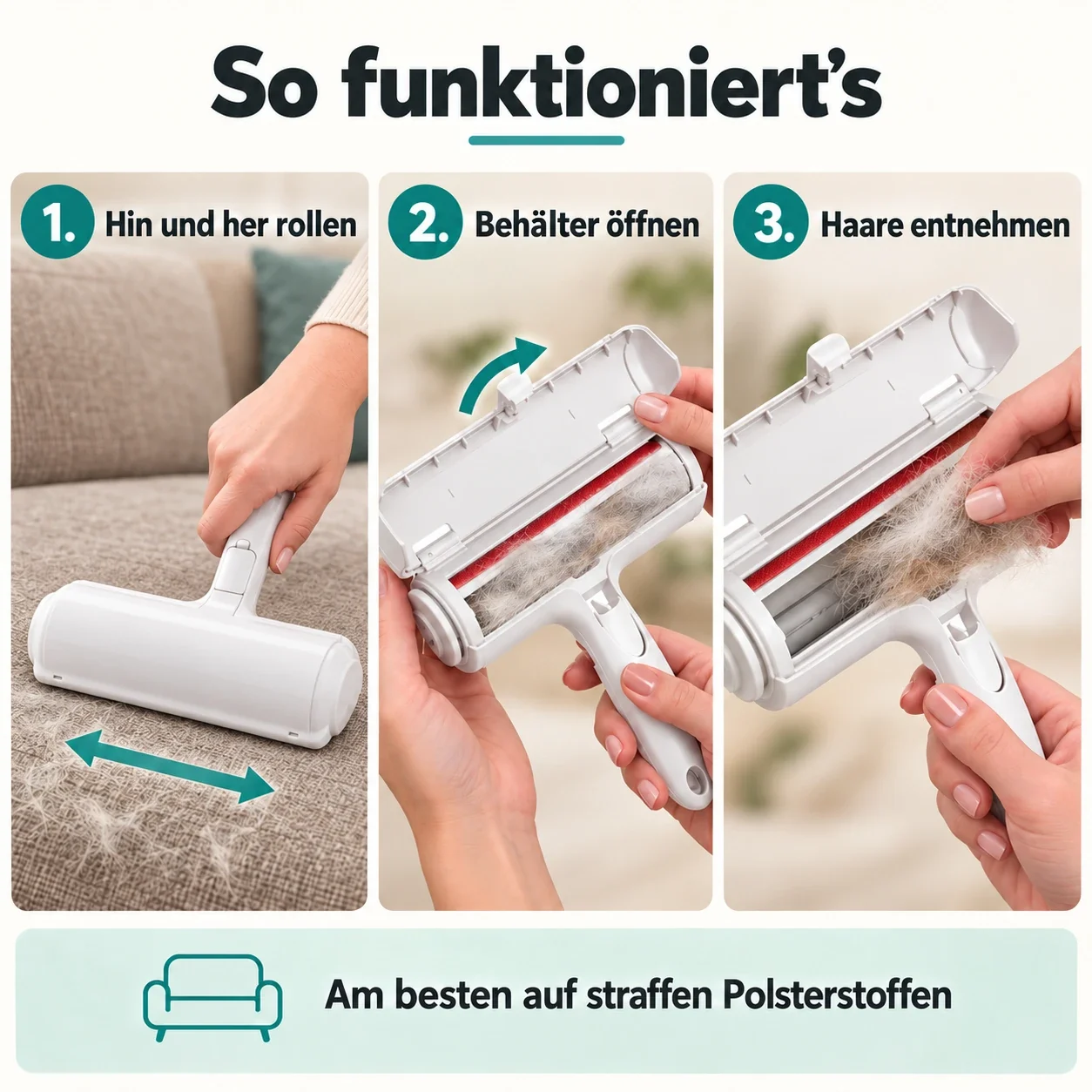 Anleitung in drei Bildern: 1. Hin und her rollen, 2. Behälter öffnen, 3. Haare entnehmen. Hinweis: Am besten auf straffen Polsterstoffen.
