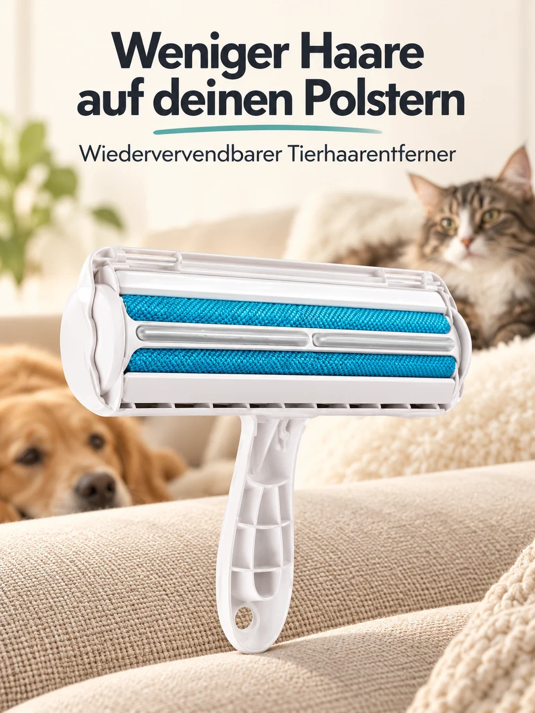 Der weisse Tierhaarentferner mit blauen Gewebestreifen liegt auf einem hellen Sofa, im Hintergrund ruhen Haustiere.